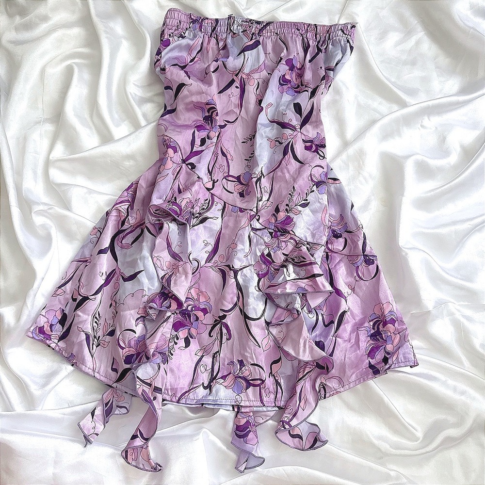 Lavender Floral Satin Ruffle Skirt Purple Lily Print Elastic Waist